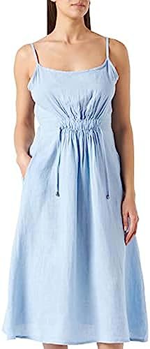 Bonateks, Długa, zapinana na stałe sukienka ze sznurowaniem z przodu i kieszeniami, 100% len, rozmiar DE: 38 rozmiar US: M, baldachim - wyprodukowano we Włoszech, niebieski, 38