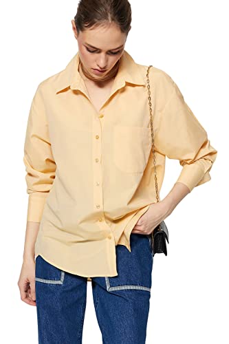 Trendyol Damska koszula basicowa oversize basic, tkana koszula z kołnierzem, BEŻOWY, 34