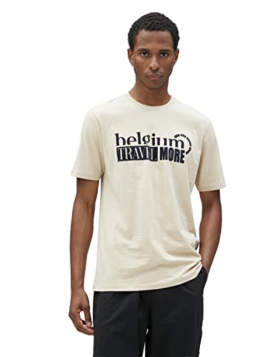 Koton Męski t-shirt z nadrukiem z nadrukiem Crew Neck Short Sleeve Cotton T-Shirt, beżowy (057), S