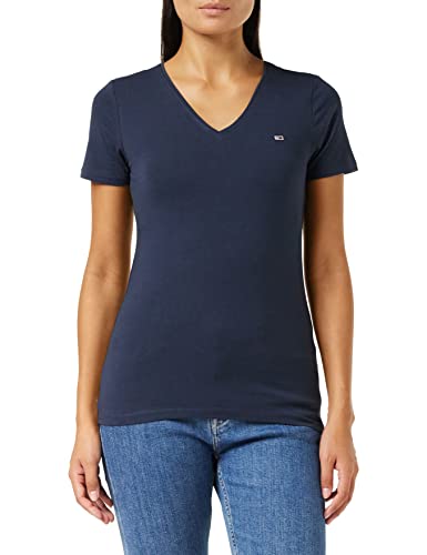 Tommy Jeans damska koszulka z krótkim rękawem TJW Skinny z dekoltem w serek, Ciemna granatowa, S