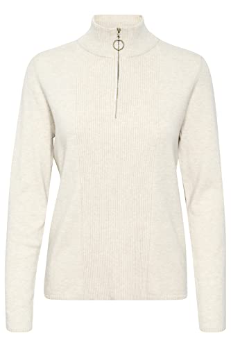 Cream Damski sweter z okrągłym dekoltem i długim rękawem z długim zamkiem błyskawicznym, Oat melanż