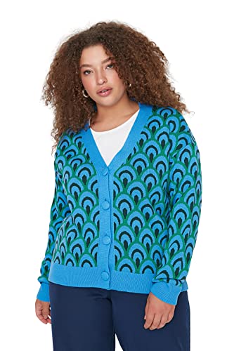 Trendyol Damski damski regularny luźny dekolt w serek dzianina plus size kardigan sweter, ZIELONY, 5XL