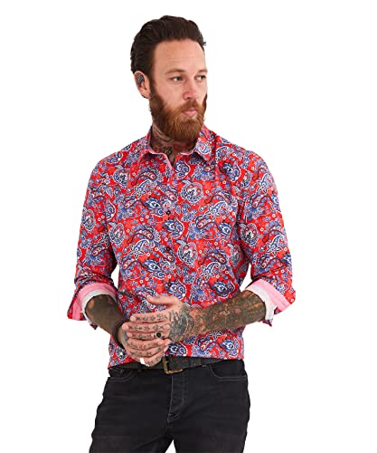 Joe Browns Męska koszula z długim rękawem z nadrukiem Paisley na guziki, czerwona, XXL, Czerwony/niebieski, XXL