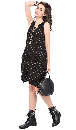 Bonateks Damska sukienka 100% lniana Made in Italy, okrągły dekolt z kieszeniami i nadrukiem w kropki, czarna, rozmiar: M, czarny, M