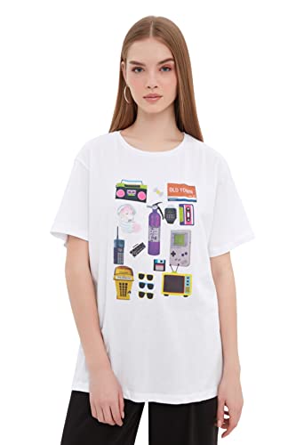 Trendyol Damska koszulka oversize z okrągłym dekoltem, biały, M