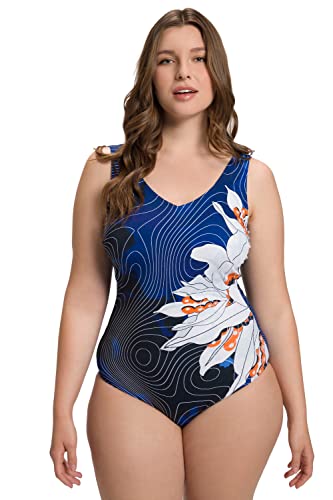 Ulla Popken Damski kostium kąpielowy Alive w kwiaty i dekolt w serek, czarny, 42 Duże rozmiary