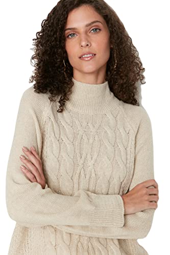 Trendyol Damska bluza ze stójką zwykły zwykły sweter, beżowy, L UK, BEŻOWY, L