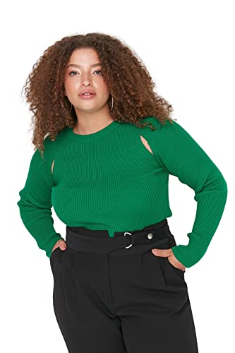 Trendyol Damska bluza z okrągłym dekoltem, jednokolorowa, regularna, plus size, zielona, XL, ZIELONY