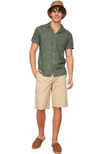 Trendyol Męska koszula z krótkim rękawem Khaki Linen Apaş Collar Short Sleeve Regular Fit, L
