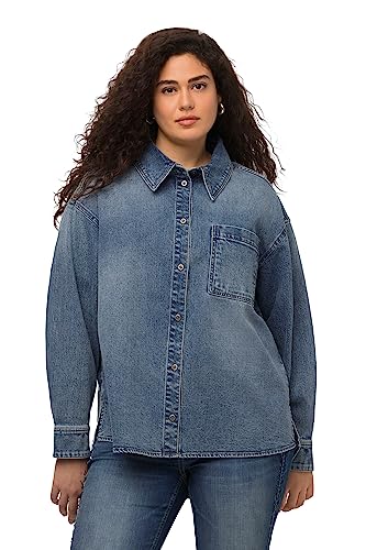 Ulla Popken Damska koszula dżinsowa, oversize, kołnierzyk koszuli, długi rękaw, kurtka wewnętrzna, Blue Denim, 50-52 duże rozmiary