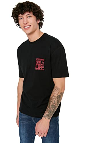 Trendyol Męski okrągły dekolt czarny męski t-shirt, czarny, mały