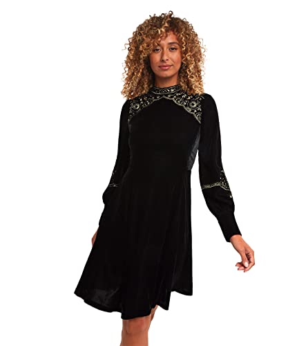 Joe Browns Damska aksamitna złota Lunar Haftowane Rękawy Sukienka Skater, Czarny, 38