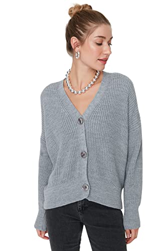 Trendyol Damski regularny kardigan z dzianiny z dekoltem w serek, Szary, L