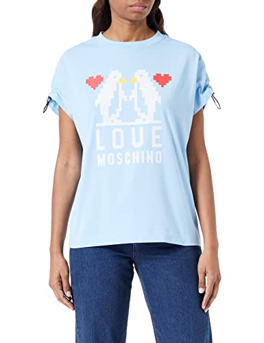 Love Moschino Koszulka damska, regularny krój, z odkrytymi ramionami, z logo Elastic Drawstring T-shirt, jasnoniebieska, 46