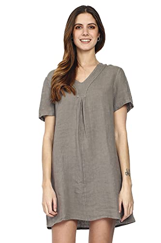 Bonateks Damska sukienka 100% lniana Made in Italy, Krótki rękaw plisowany z przodu, jasnoszary rozmiar, rozmiar: XL, Jasny Szarobrązowy, XL