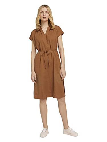 TOM TAILOR Damski Lniana sukienka midi marszczona 1025884, 12828 - Caramel Brown, 40