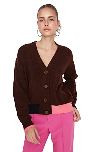 Trendyol Damski sweter z dzianiny o regularnym kroju z dekoltem w serek, Brązowy, S