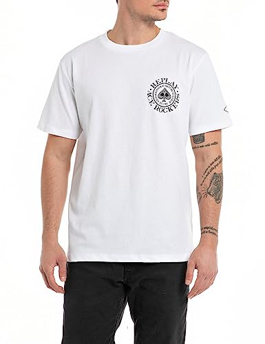 Replay Męski T-shirt z krótkim rękawem, okrągły dekolt, logo, biały (White 001), S, Biały 001, S