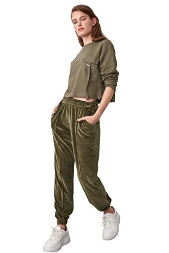 Trendyol Damskie spodnie dresowe z wysokim stanem o luźnym kroju plus size z wysokim stanem, Khaki, XS