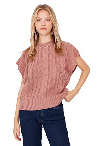 Trendyol Damska kamizelka z okrągłym dekoltem Ajouré Regular Sweater Vest, Dusty Rose, M, Pudrowy róż, M