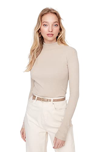 TRENDYOL Damski wysoki kołnierz, jednokolorowy, podkreślająca figurę, bluzka, T-shirt, Beige, XS