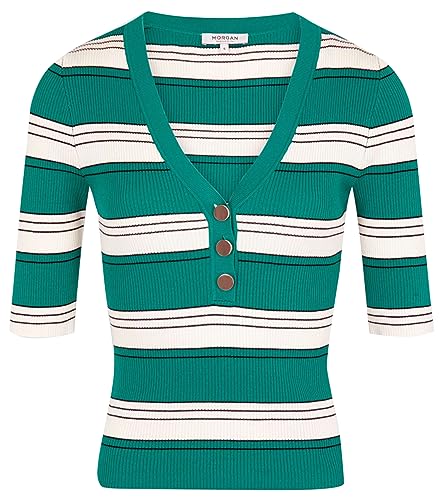 Morgan damski sweter z krótkim rękawem MINO średni zielony TXL, Zieleń warzywna/kość słoniowa, XL