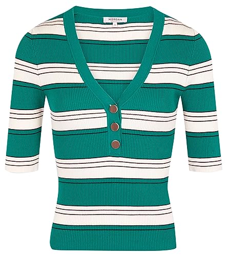 Morgan damski sweter z krótkim rękawem MINO średni zielony TXL, Zieleń warzywna/kość słoniowa, XL