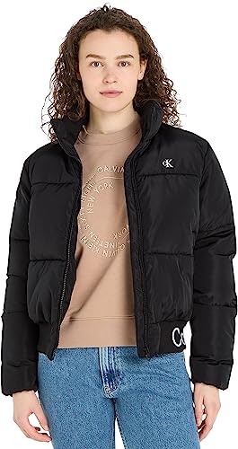 Calvin Klein Jeans Damska kurtka puchowa z logo i obszyciem, Czarny, M