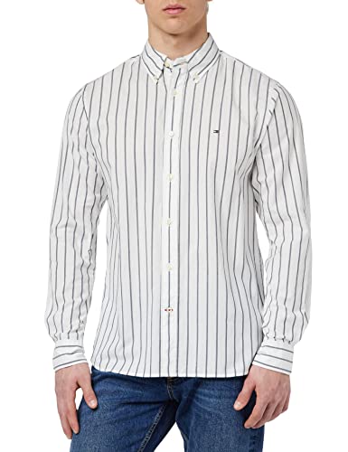 Tommy Hilfiger Męska koszula w paski z naturalnej miękkiej tkaniny Rf na co dzień, Optyczny biały/węgiel granatowy, S