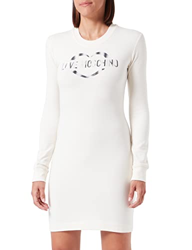 Love Moschino Damska sukienka z długim rękawem, rozciągliwa, bawełna modal, polar z nadrukiem olograficznym, kremowy, 42