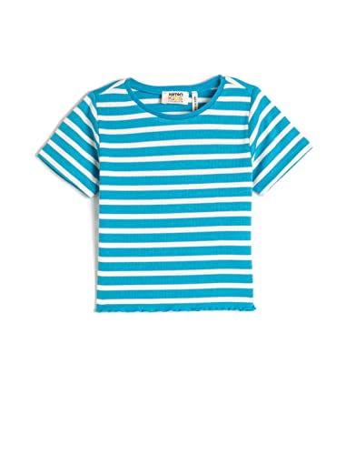 Koton Girls Crop T-Shirt Short Sleeve Crew Neck Slim Fit Ribbed, Niebieski pasek (6s4), 5-6 Lat
