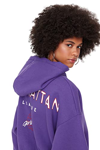 Trendyol Bluza damska z kapturem oversize z hasłem, fioletowy, L, Fioletowy