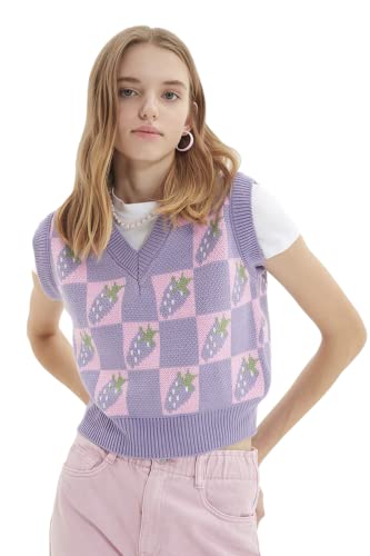 TRENDYOL Damska kamizelka z dekoltem w serek, w kratkę, regularna, dzianinowa, ecru, M, écru, M