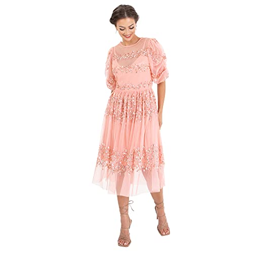 Maya Deluxe Damska sukienka Midi Ladies Sequin Embellished Short Sleeve Dress for Wedding Guest Bridesmaid Balowa Evening Occasion sukienka, Apricot Blush, 38