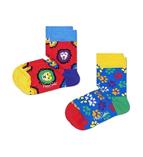 Happy Socks 2-Pack Kids Lion & Paw Socks, Skarpety dla dzieci, Niebieski-Żółty-Pomarańczowy-Zielony-Fioletowy (2-3Y)