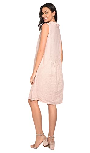 Sukienka damska 100% lniana Made in Italy, Krótka sukienka w paski z dekoltem łódką i pół rękawem, z kokardką, niebieskie dżinsy, rozmiar: S, Niebieskie dżinsy, S