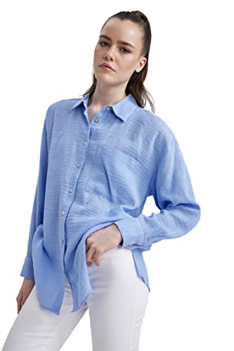 DeFacto Koszula damska z tkaniny bawełnianej z długimi rękawami, niebieski, XS