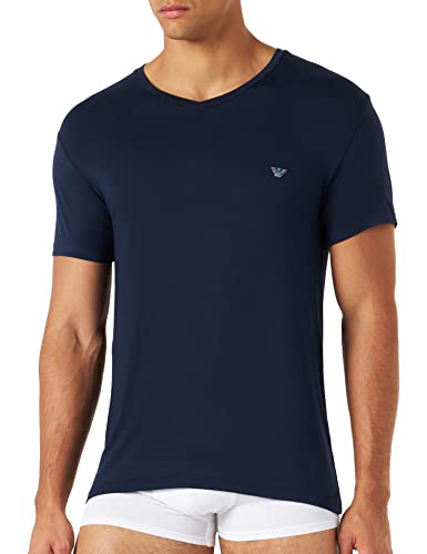 Emporio Armani Męski T-Shirt Stretch Deluxe Viscose Eagle Logo Regular Fit z dekoltem w serek, morski, M