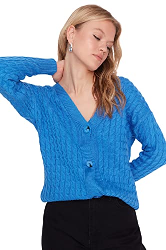 Trendyol Damski kardigan oversize z dzianiny z dekoltem w serek, NIEBIESKI, L