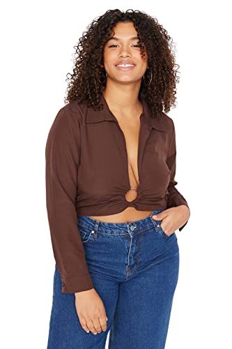 Trendyol Damska bluzka plus size regularna podstawowa koszula kołnierz tkana plus size, brązowa, 48, Brązowy