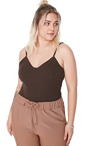 Trendyol Damska koszula damska Slim Sweetheart Knit Plus Size, ciemnobrązowa, XL, Ciemny brąz, XL