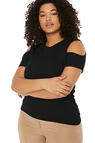 Trendyol Damska wąska standardowa bluzka z okrągłym dekoltem i dzianiny plus size, Czarny, 5XL (Duże Rozmiary)