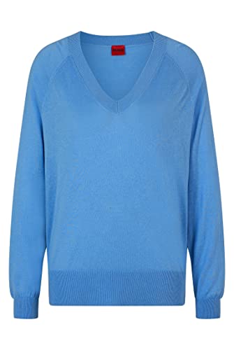 HUGO Damski sweter Slinnya Relaxed-Fit z dekoltem w serek, niebieski, S, niebieski, S