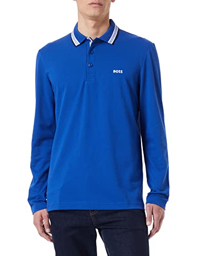 BOSS Męska koszulka polo z długim rękawem z bawełny piqué z detalami na kołnierzu, Bright Blue432, S