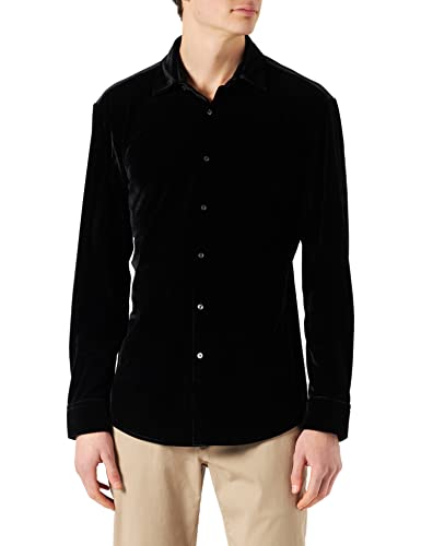 HUGO Kenno Slim-Fit męska koszula ze stretchu aksamitnego, czarny (Black1), 46