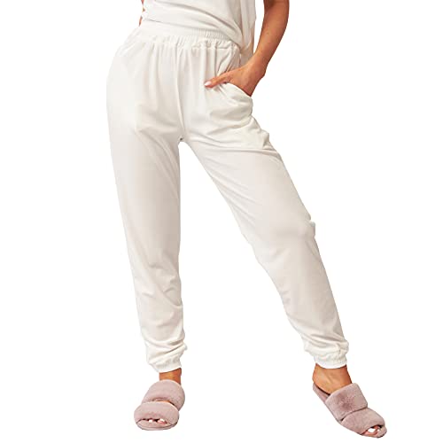 OHS Damskie spodnie dresowe z aksamitu welurowego, Kremowy naturalny, L/XL