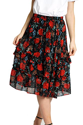 Pretty Darling Damska spódnica midi z kwiatowym szyfonem z falbanką elastyczna wysoka talia, casualowa spódnica o linii A, Multi, 8, multi, 34