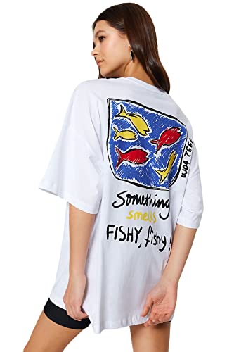 Trendyol Damska koszulka oversize basic z okrągłym dekoltem, biała, XL, biały, XL
