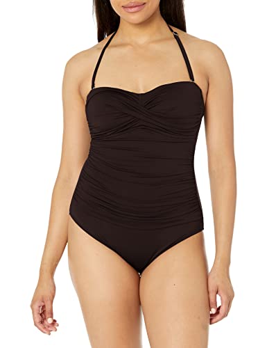 Anne Cole damski z przodu t-shirt jednoczęściowy kostium kąpielowy z przodu T-shirt bandeau jednoczęściowy strój kąpielowy jednoczęściowy, Czarny, 36 PL