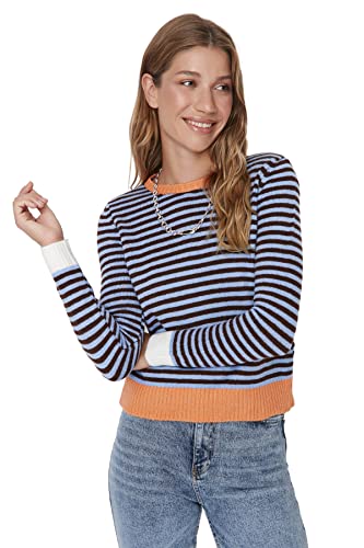Trendyol Damska bluza z okrągłym dekoltem w paski, pomarańczowa, S, pomarańczowy